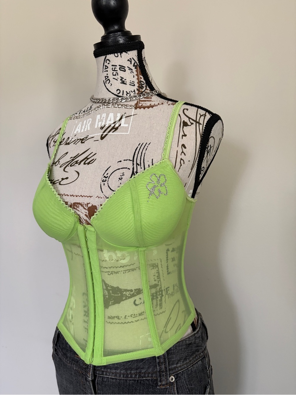 Y2K Lasenza Lime Green Cyber Coquette Baddie Corset Bustier Mesh Bra Top - Picture 3 of 16